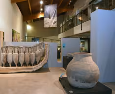 Intérieur du musée, vue sur des amphores rondes et allongées